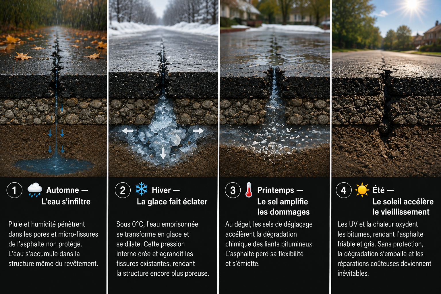 Les 4 saisons de dégradation de l'asphalte : automne, hiver, printemps, été